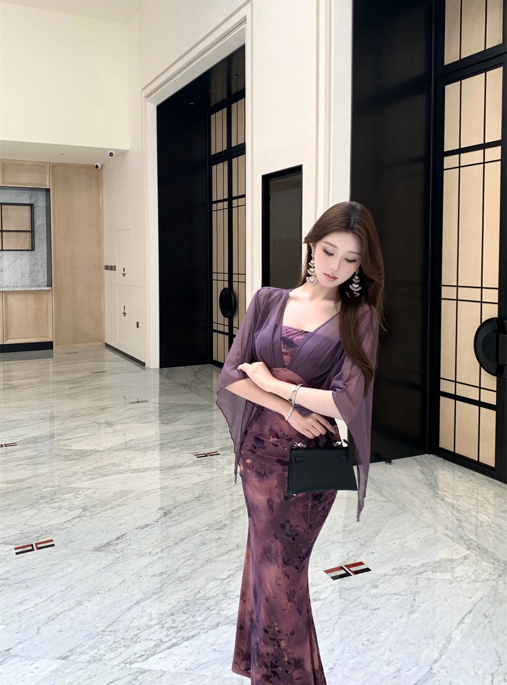 Sling flocking autumn chiffon slim splice dress