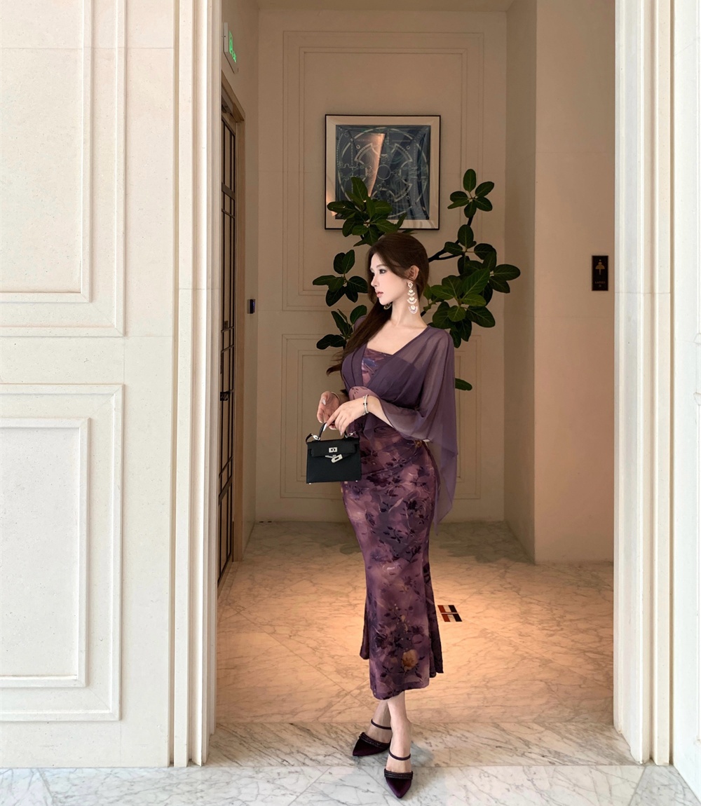 Sling flocking autumn chiffon slim splice dress