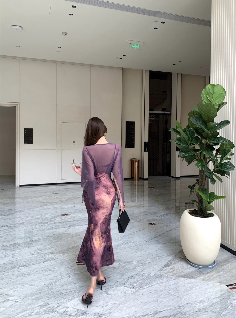 Sling flocking autumn chiffon slim splice dress