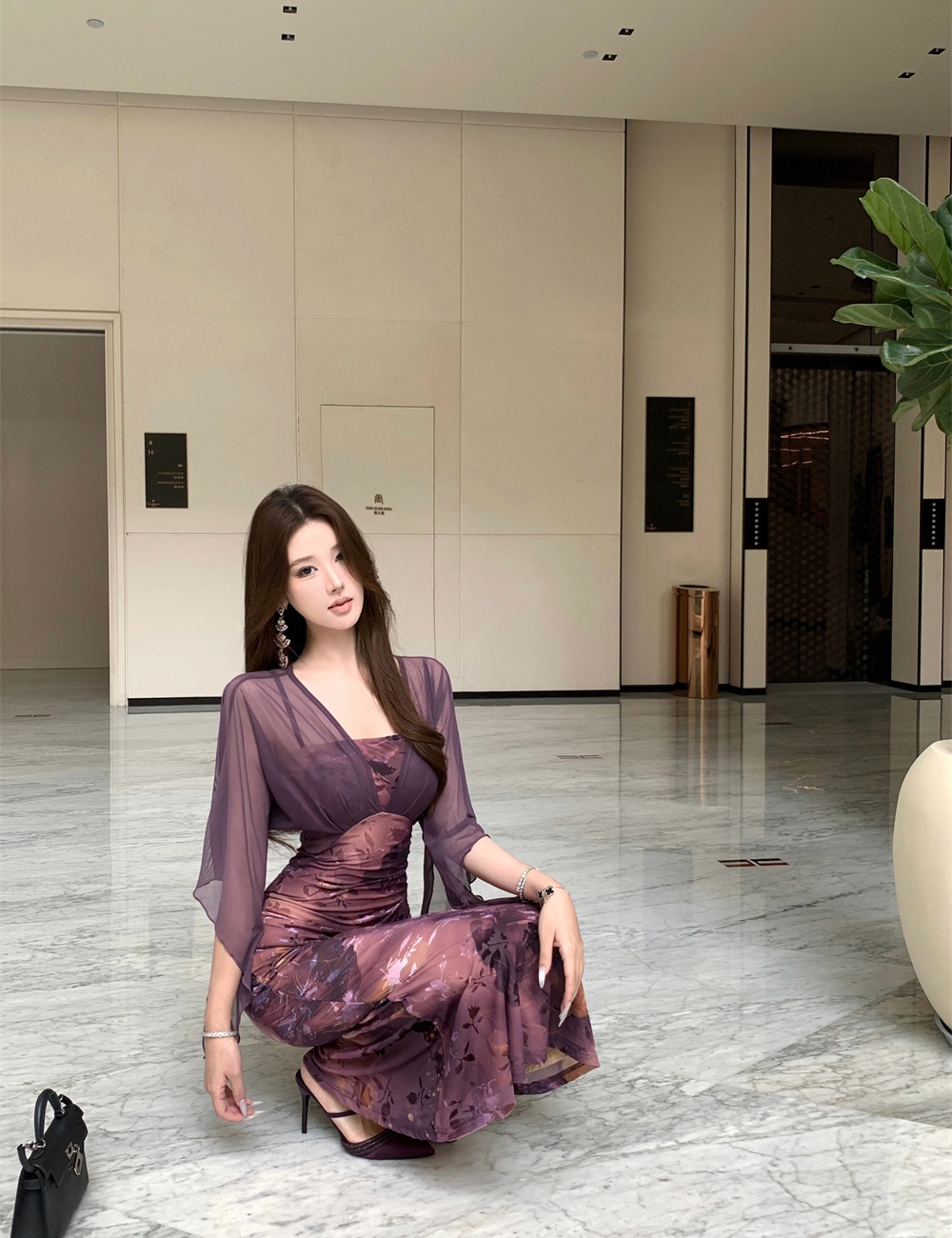 Sling flocking autumn chiffon slim splice dress