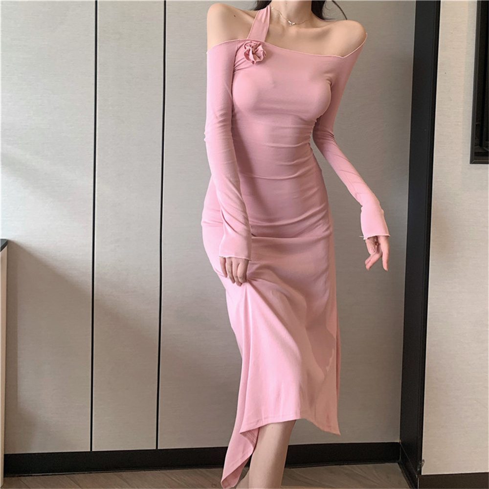 Sexy slim pinched waist flat shoulder irregular dress