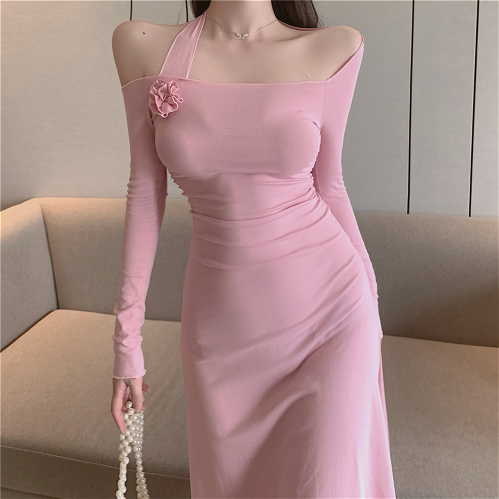 Sexy slim pinched waist flat shoulder irregular dress