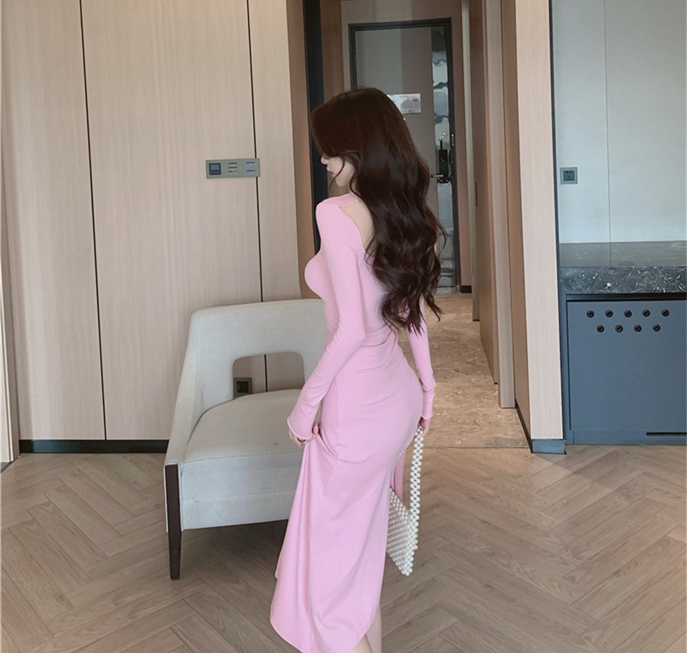 Sexy slim pinched waist flat shoulder irregular dress