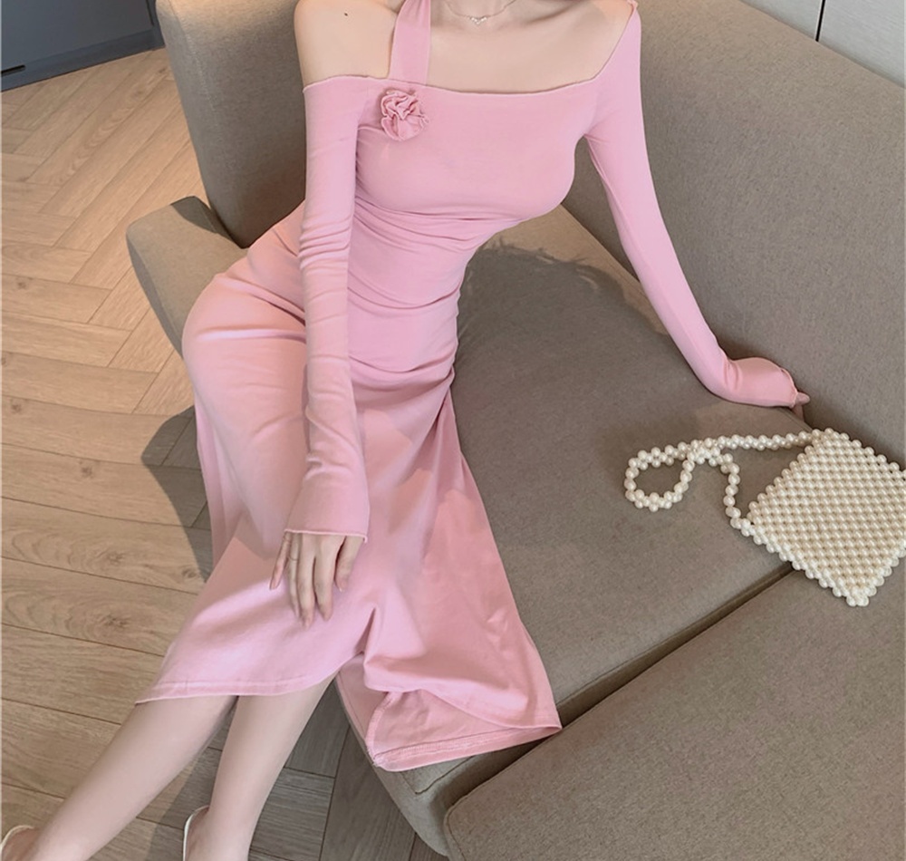 Sexy slim pinched waist flat shoulder irregular dress