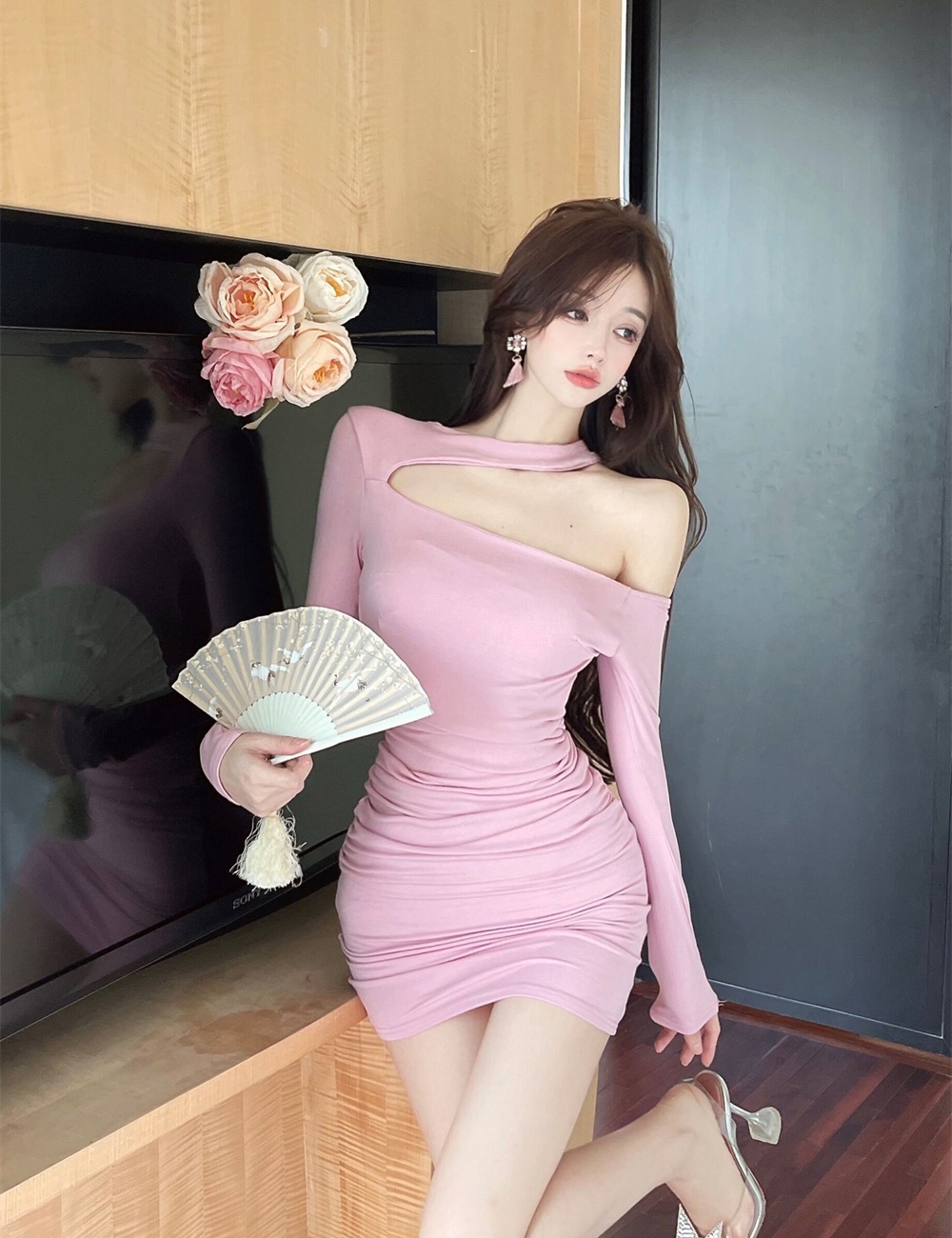 Strapless fold pinched waist autumn dress