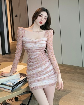 Bottoming pinched waist slim lace printing autumn dress