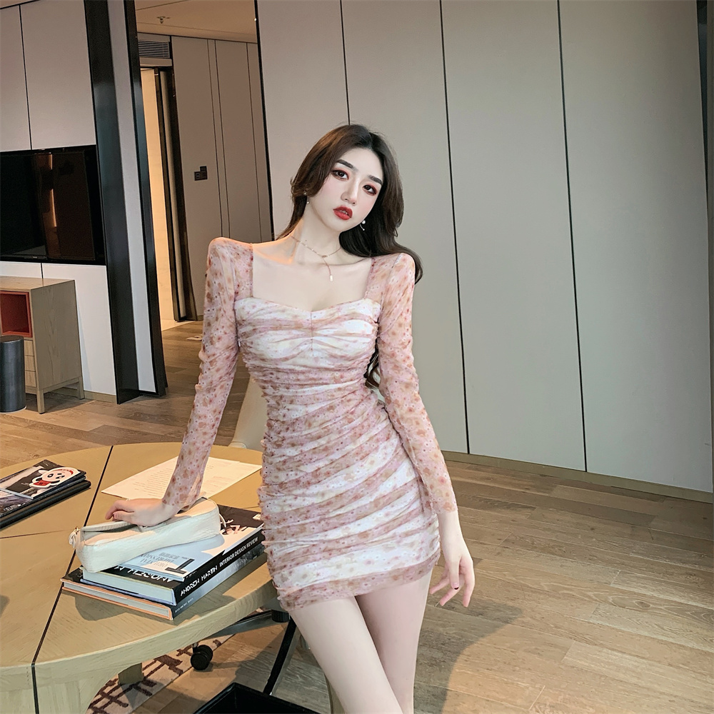 Bottoming pinched waist slim lace printing autumn dress