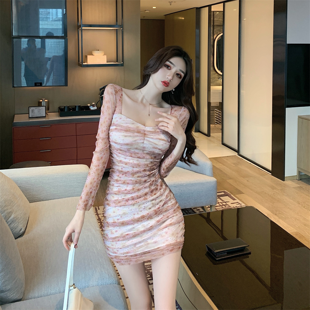 Bottoming pinched waist slim lace printing autumn dress