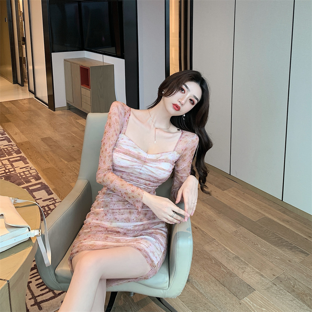 Bottoming pinched waist slim lace printing autumn dress