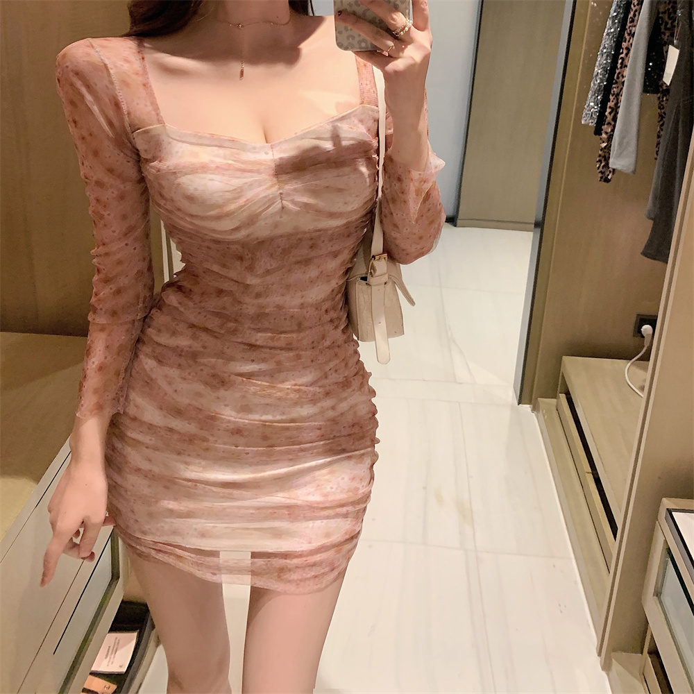 Bottoming pinched waist slim lace printing autumn dress