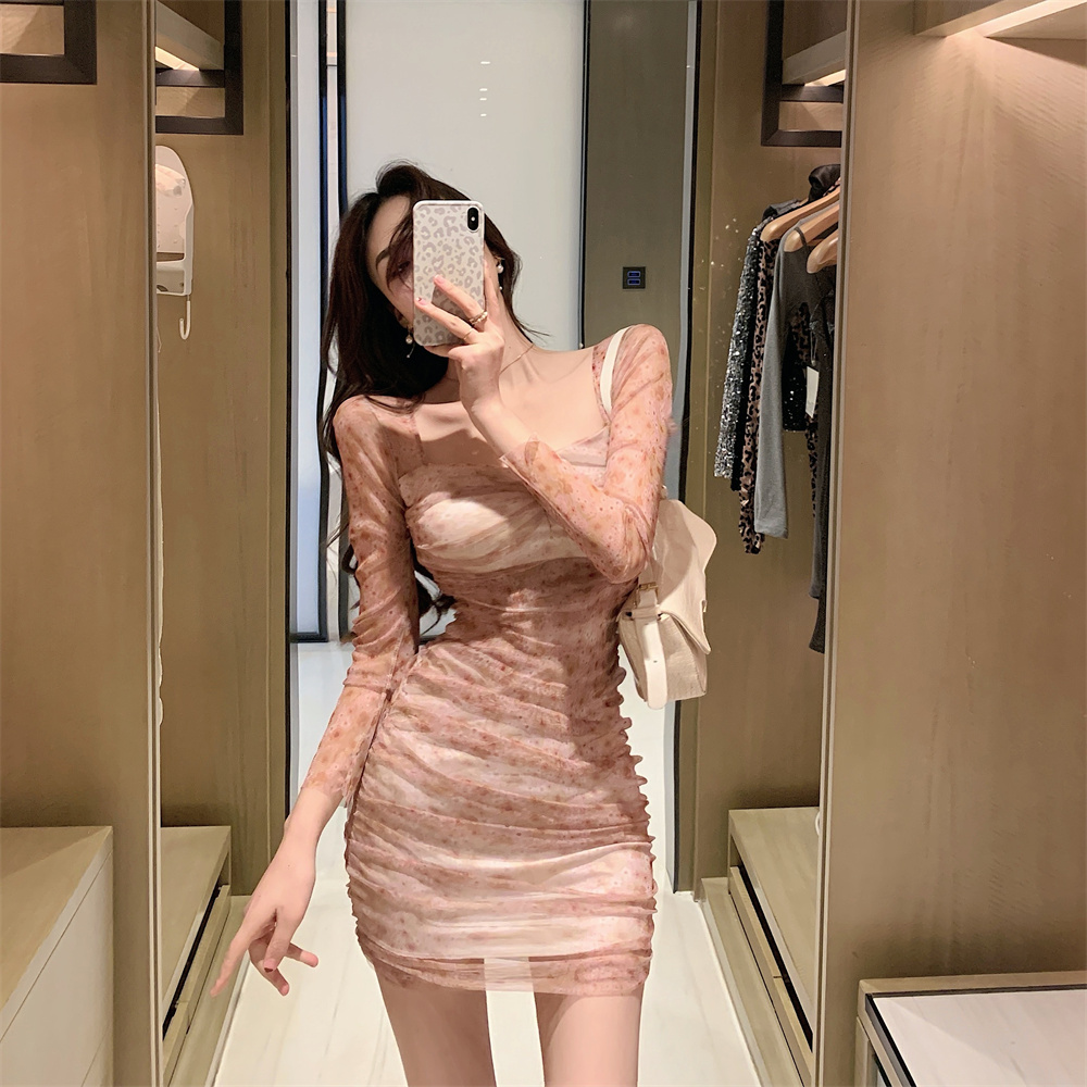 Bottoming pinched waist slim lace printing autumn dress