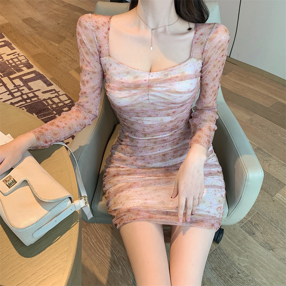 Bottoming pinched waist slim lace printing autumn dress