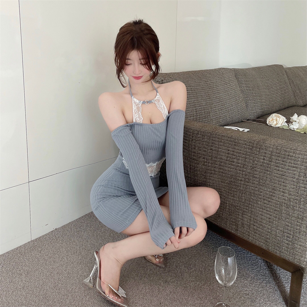 Halter splice lace retro slim dress