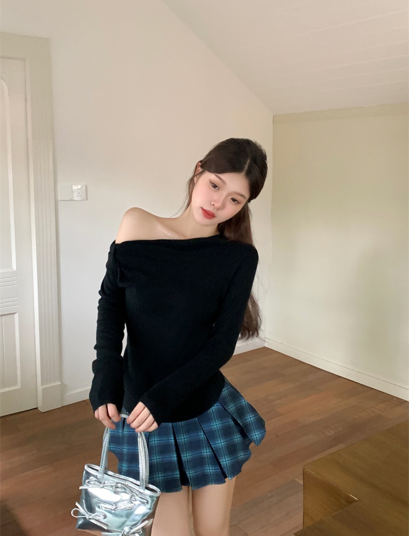 Bottoming autumn long sleeve sexy oblique collar sweater