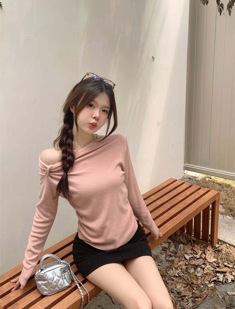 Bottoming autumn long sleeve sexy oblique collar sweater