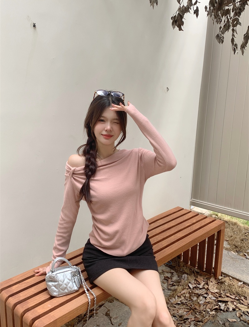 Bottoming autumn long sleeve sexy oblique collar sweater