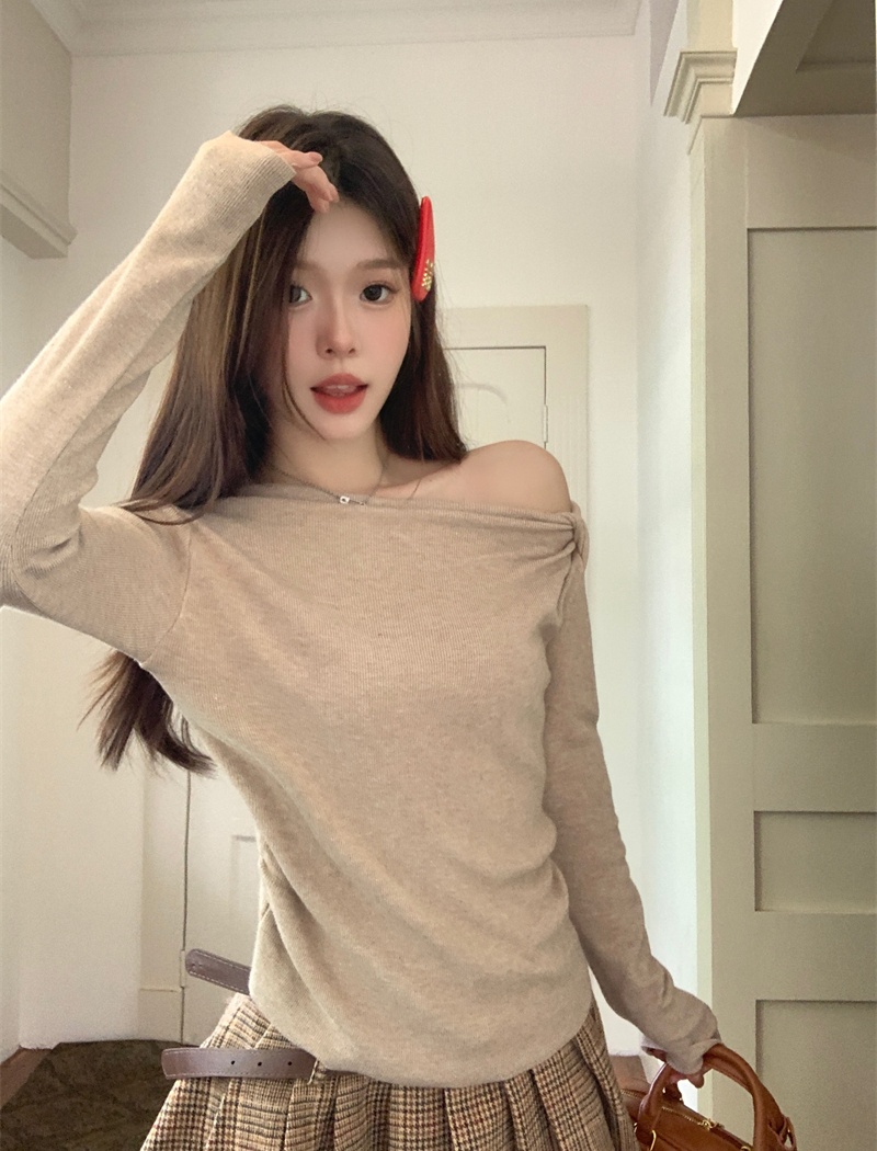 Bottoming autumn long sleeve sexy oblique collar sweater