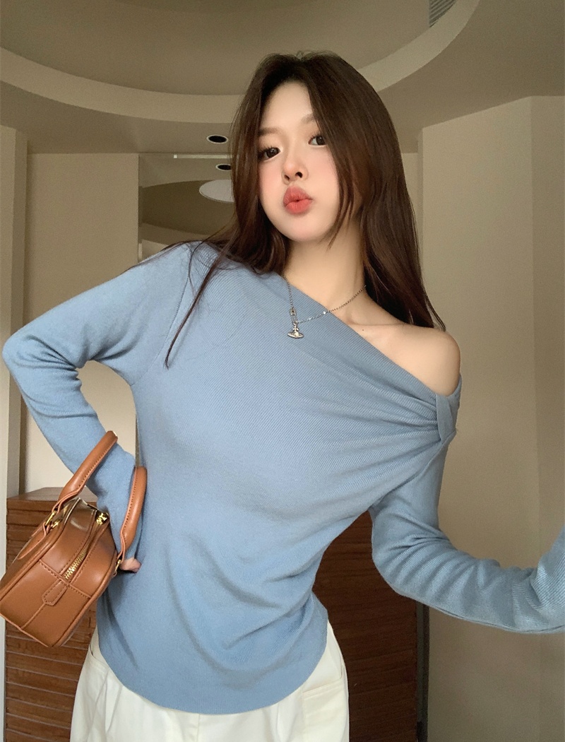 Bottoming autumn long sleeve sexy oblique collar sweater
