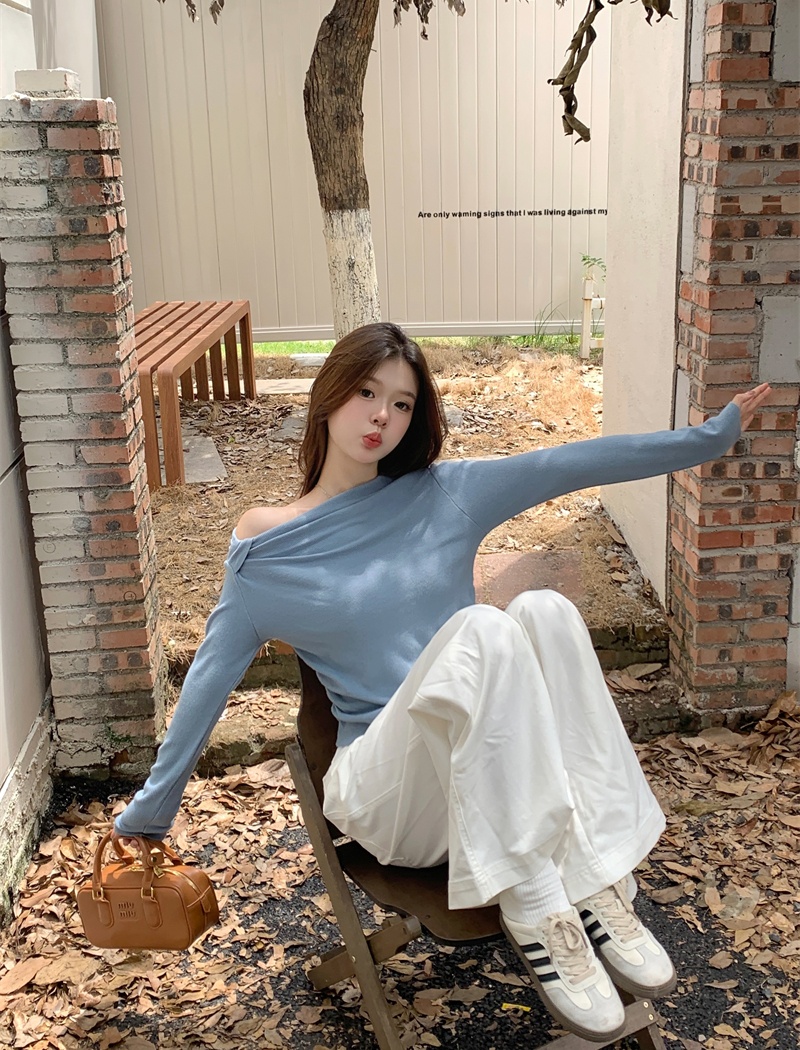 Bottoming autumn long sleeve sexy oblique collar sweater