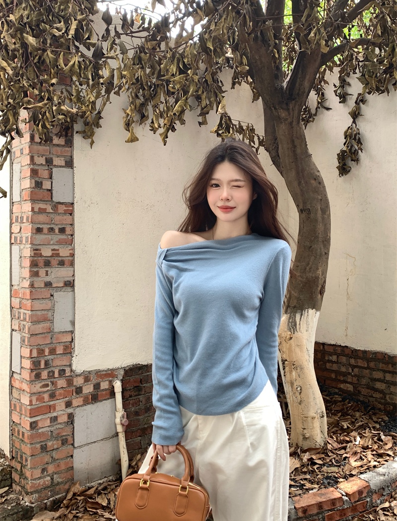 Bottoming autumn long sleeve sexy oblique collar sweater