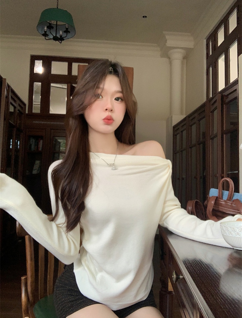 Bottoming autumn long sleeve sexy oblique collar sweater