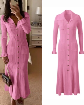 Long sleeve long knitted slim lapel dress for women