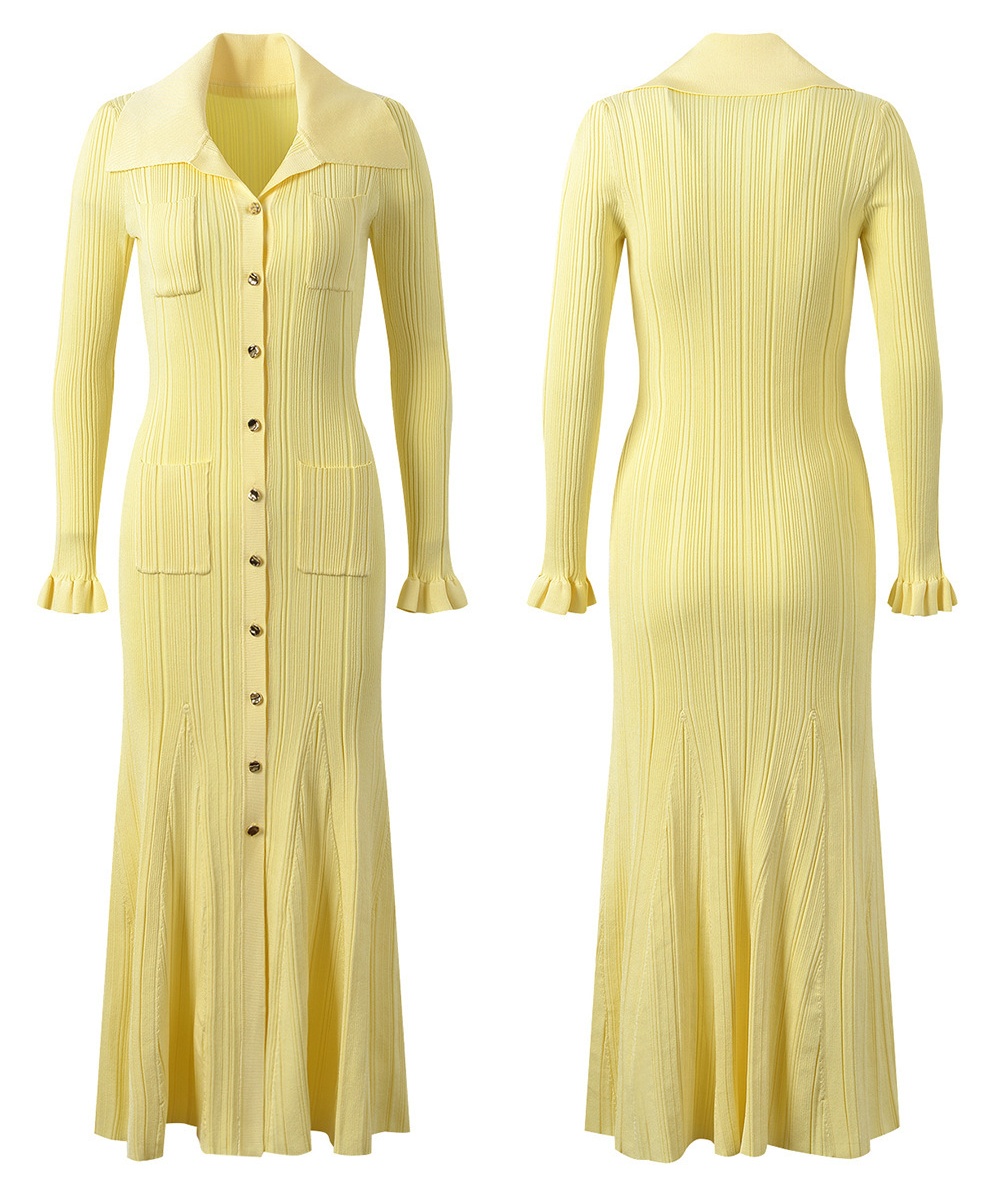Long sleeve long knitted slim lapel dress for women