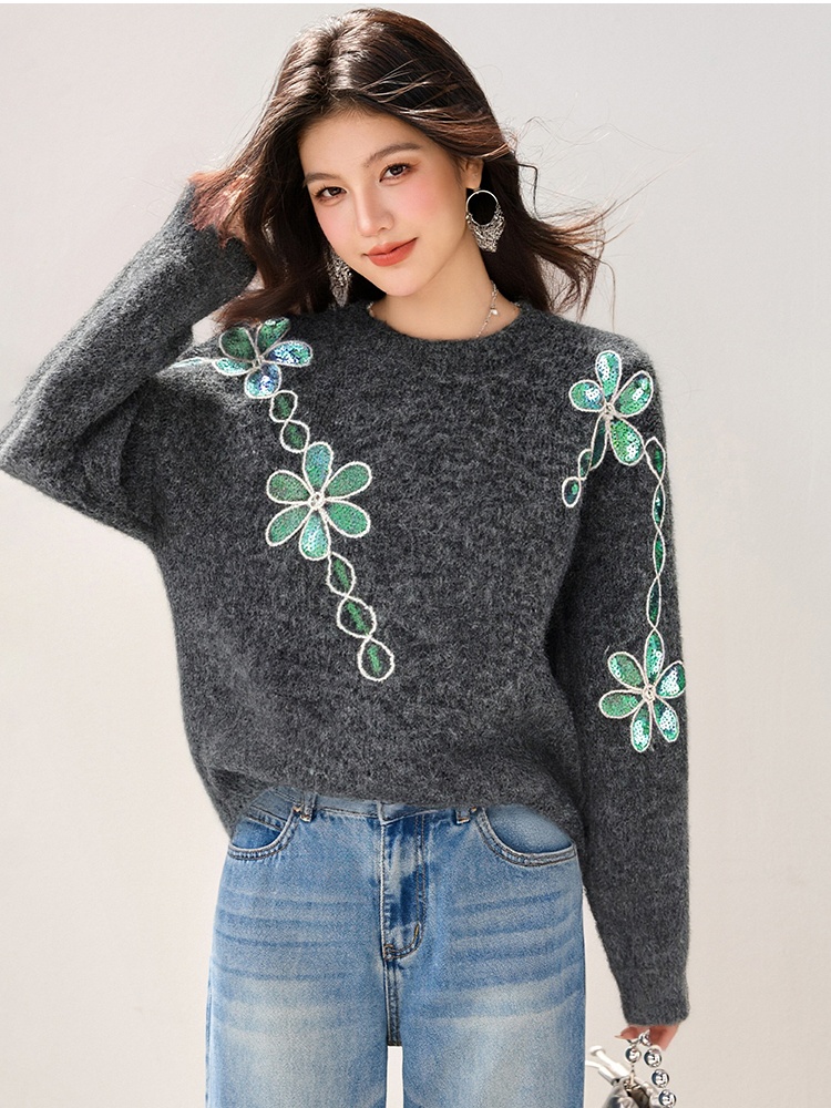 Knitted flowers tops round neck sweater for women