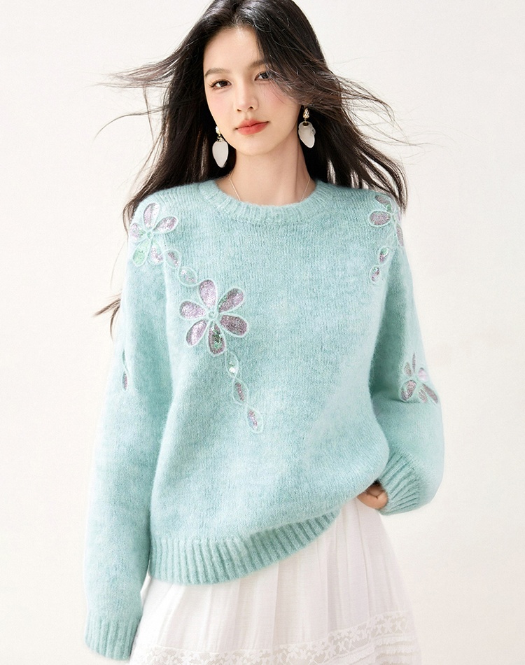 Knitted flowers tops round neck sweater for women