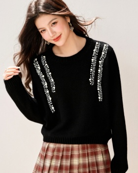 Rhinestone beading sweater long sleeve loose tops