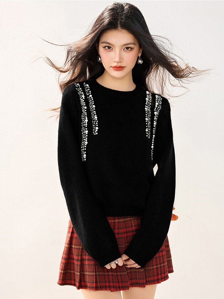 Rhinestone beading sweater long sleeve loose tops