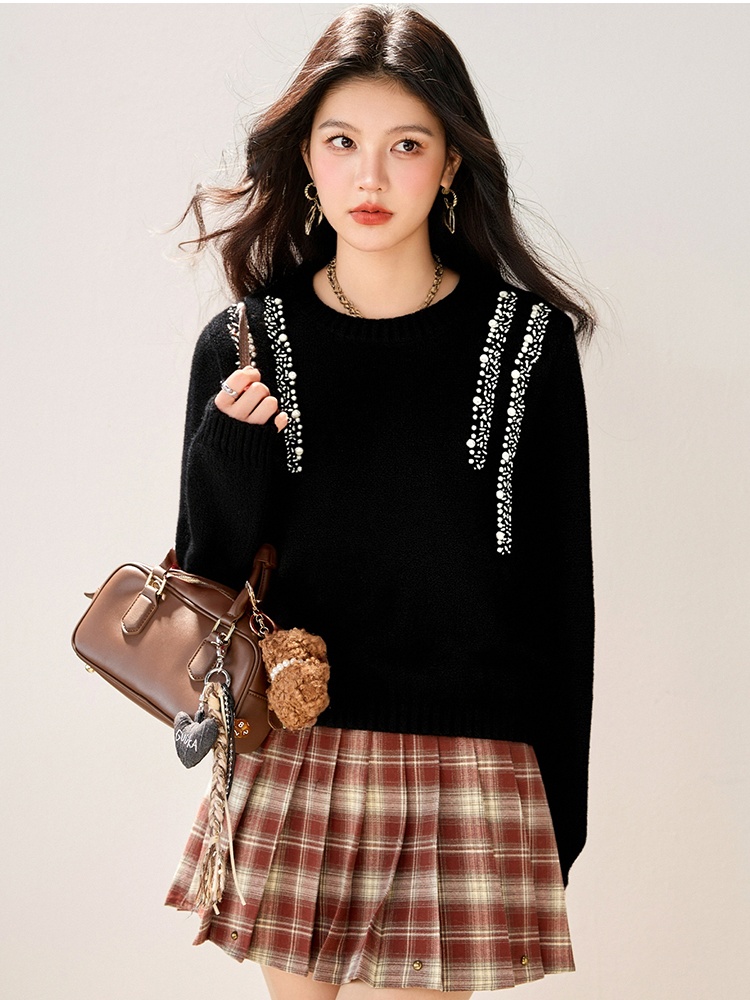 Rhinestone beading sweater long sleeve loose tops
