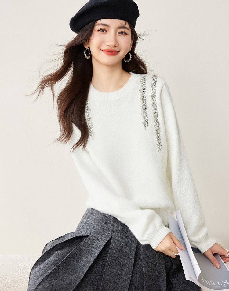 Rhinestone beading sweater long sleeve loose tops