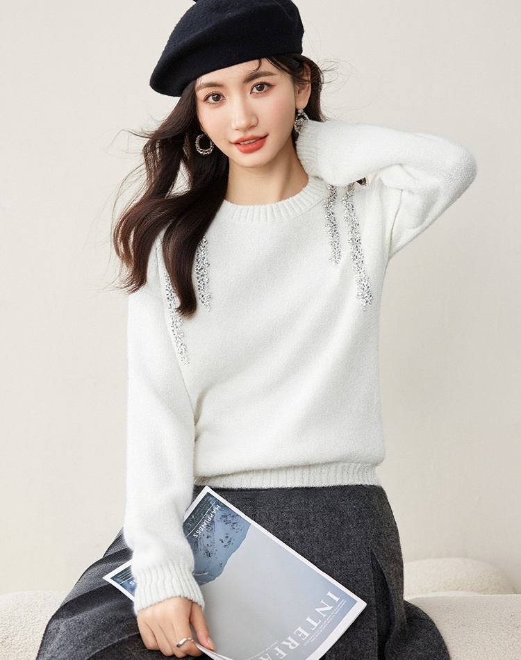Rhinestone beading sweater long sleeve loose tops