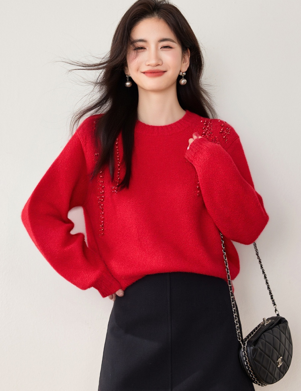 Rhinestone beading sweater long sleeve loose tops