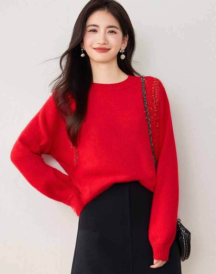 Rhinestone beading sweater long sleeve loose tops