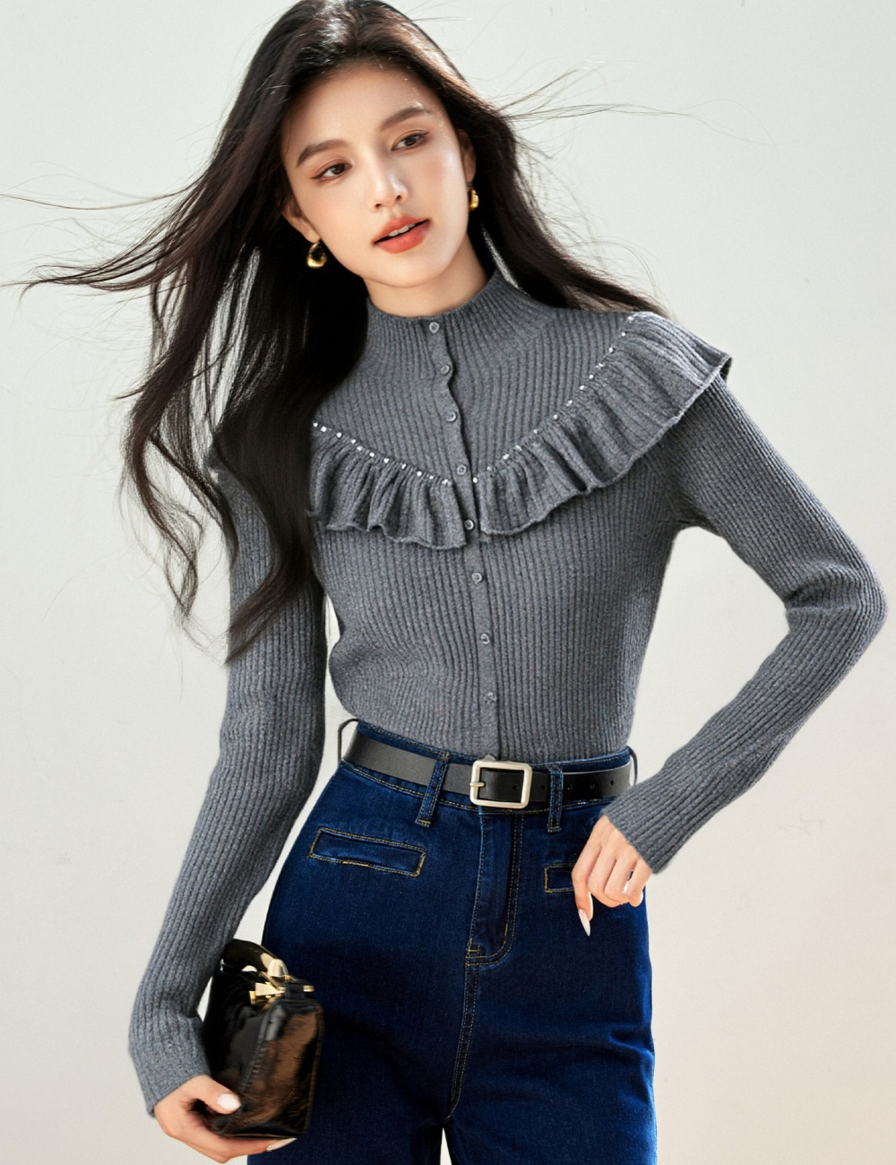 Lotus leaf edges high round neck tops for women