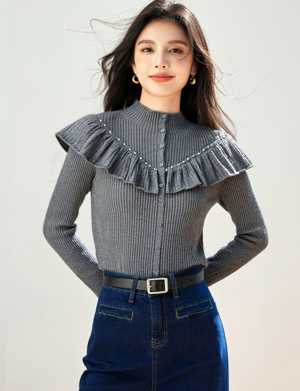 Lotus leaf edges high round neck tops for women