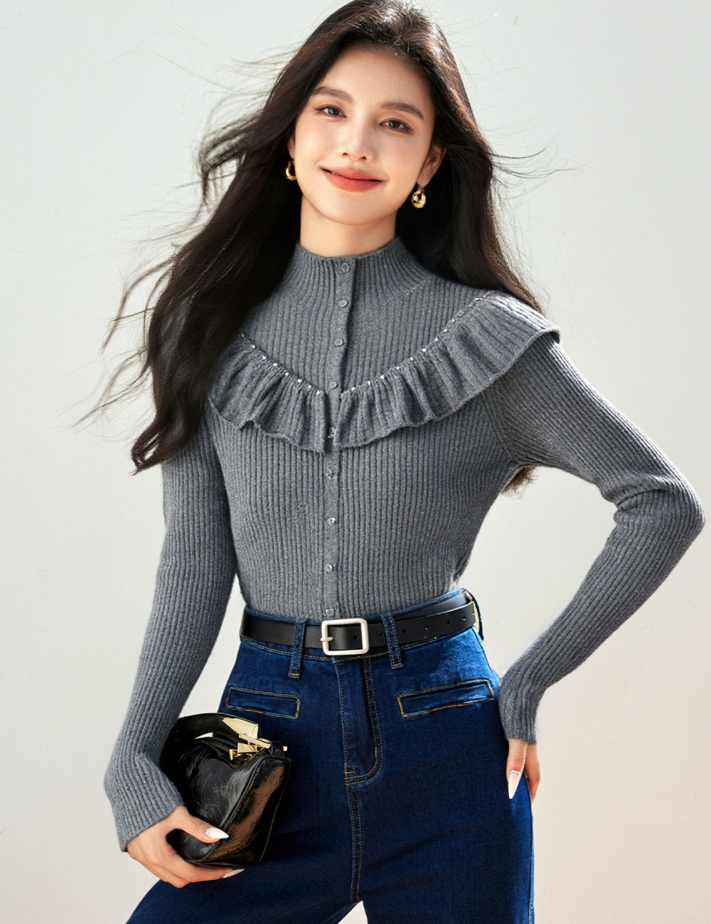 Lotus leaf edges high round neck tops for women