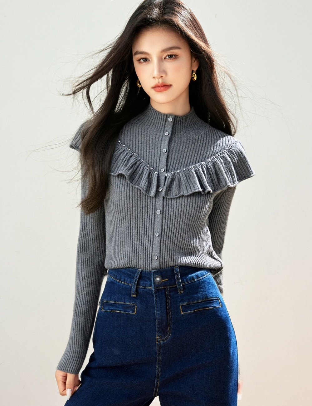 Lotus leaf edges high round neck tops for women