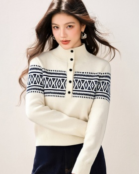 Jacquard buckle half high collar sweater for women