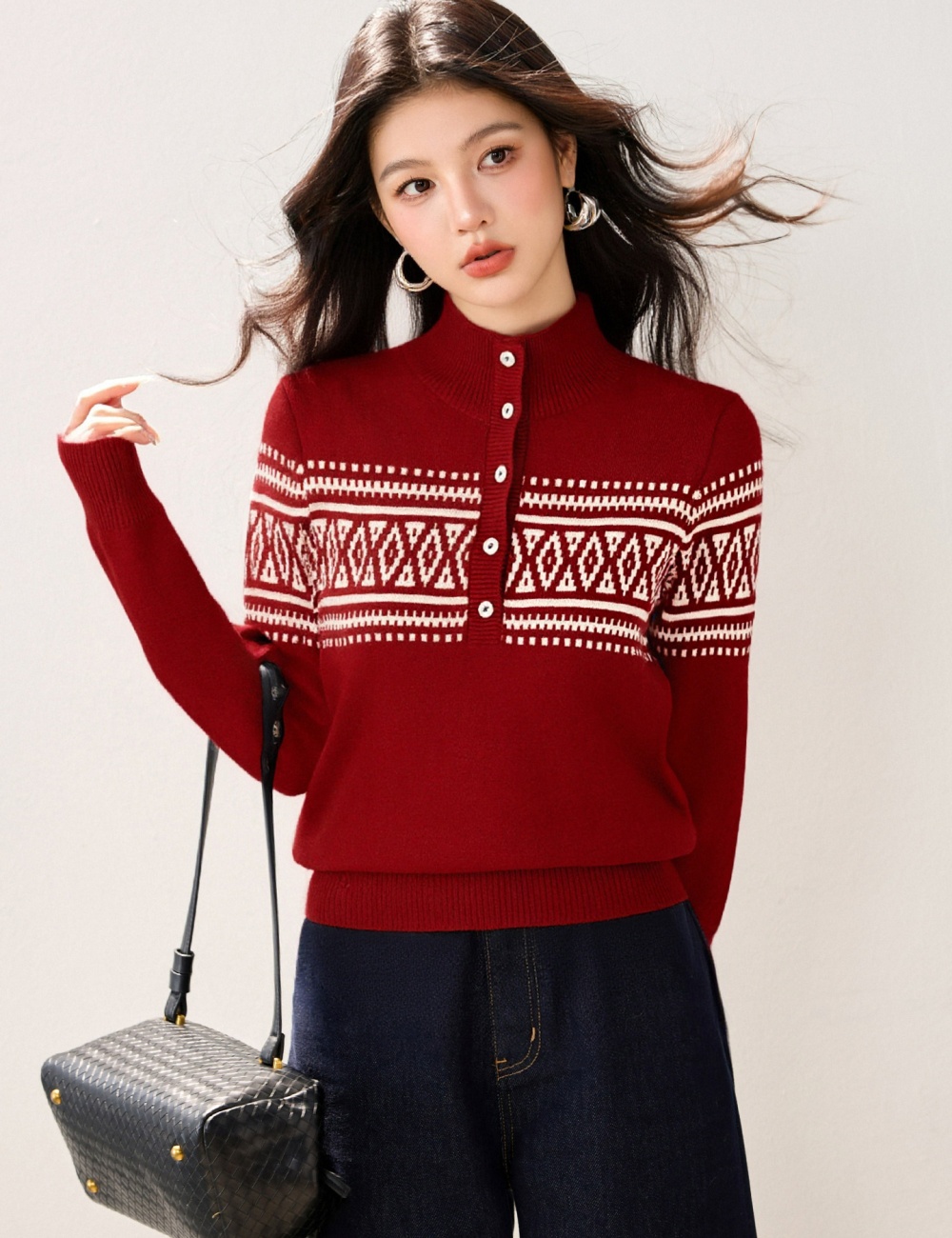 Jacquard buckle half high collar sweater for women