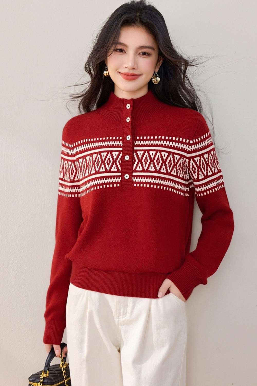Jacquard buckle half high collar sweater for women