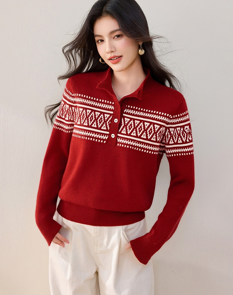 Jacquard buckle half high collar sweater for women