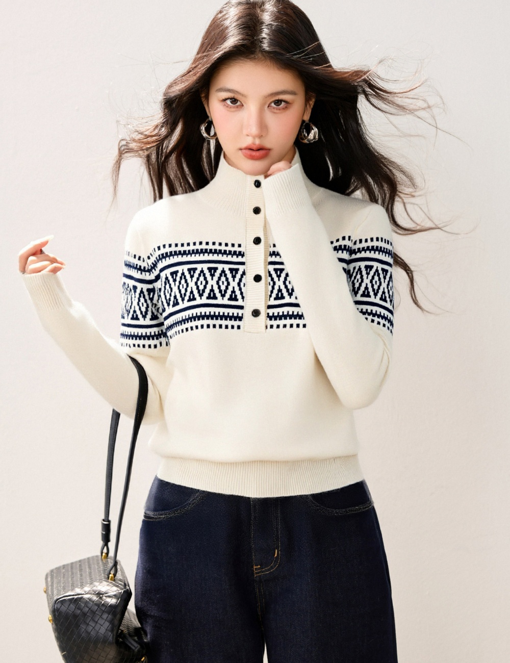 Jacquard buckle half high collar sweater for women