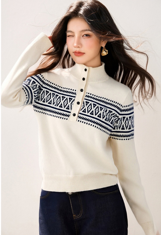 Jacquard buckle half high collar sweater for women