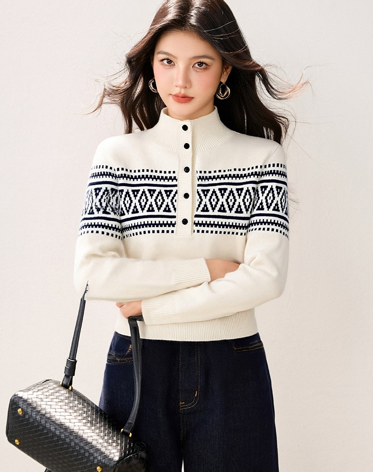 Jacquard buckle half high collar sweater for women