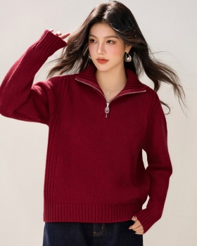 Half zip slim Korean style sweater lapel winter tops for women