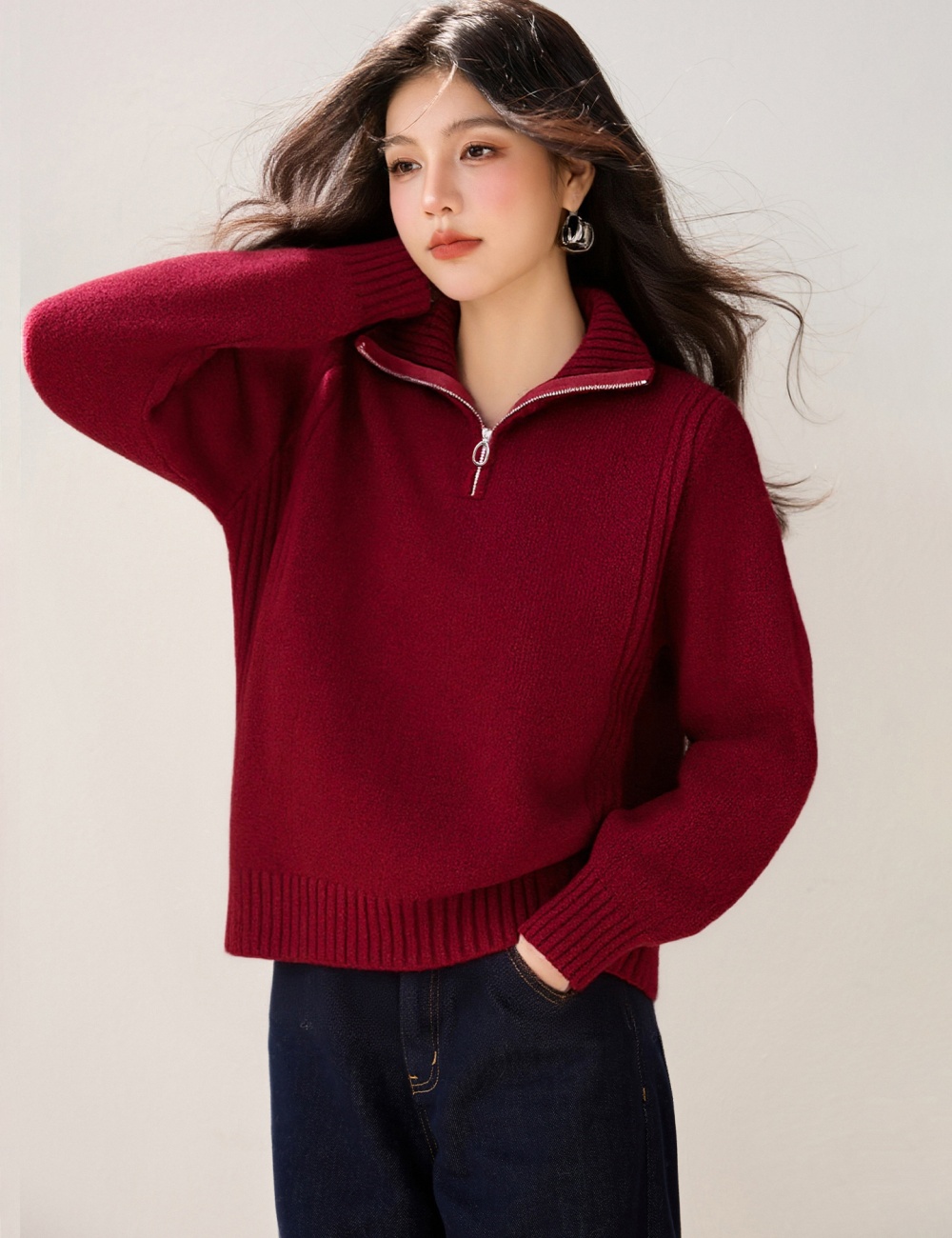 Half zip slim Korean style sweater lapel winter tops for women