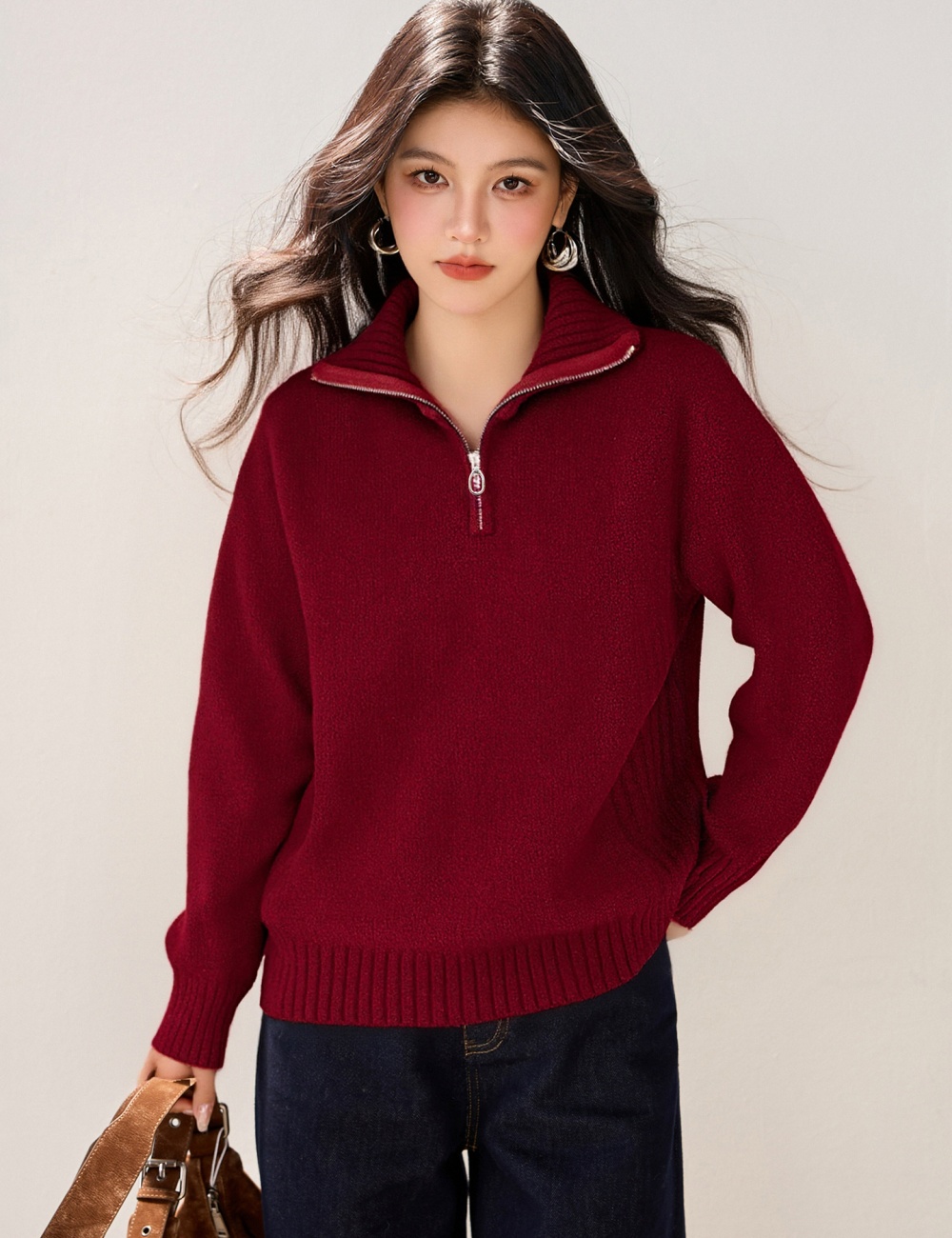 Half zip slim Korean style sweater lapel winter tops for women